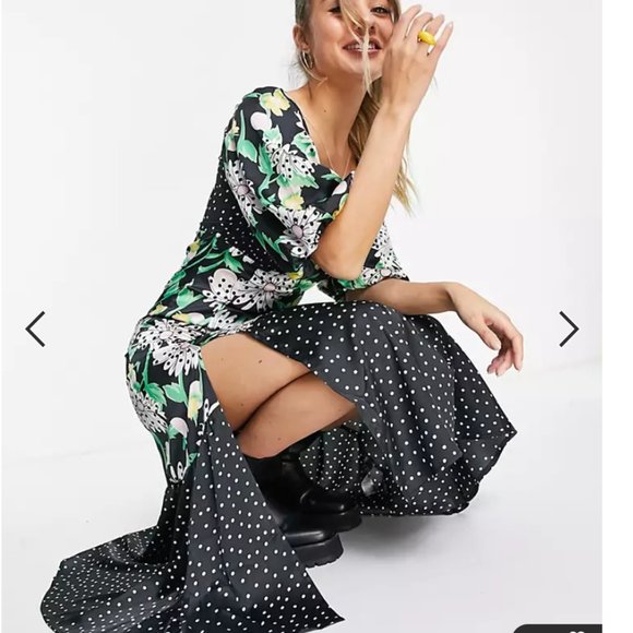 ASOS DESIGN mixed print shirred midi tea dress with bubble sleeve - Picture 4 of 5